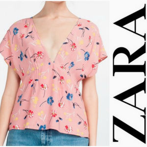 Zara Floral Blouse Deep V-Neck Open Back